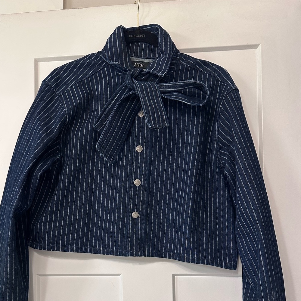 AFRM Denim Navy Blue Striped Blouse M